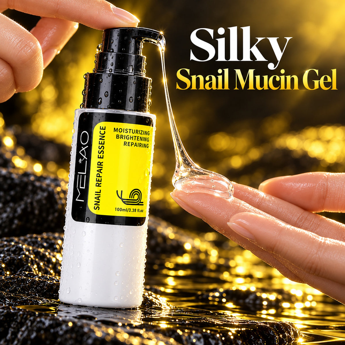 Silky clear snail mucin gel stretching from the MELAO pump onto fingertips
