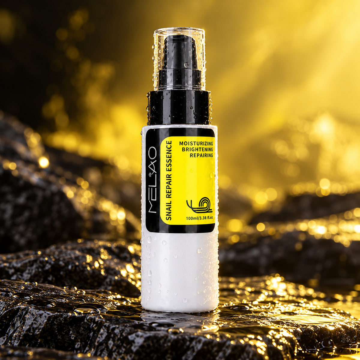 MELAO Snail Repair Essence 100ml bottle on wet black stone in golden light