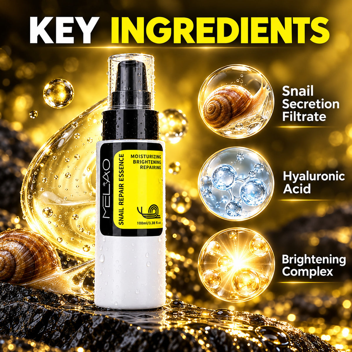 Key ingredients of the snail mucin serum: snail secretion filtrate, hyaluronic acid, brightening complex