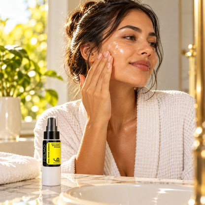 Woman patting snail repair essence onto her cheek in a sunny bathroom, MELAO bottle on the counter