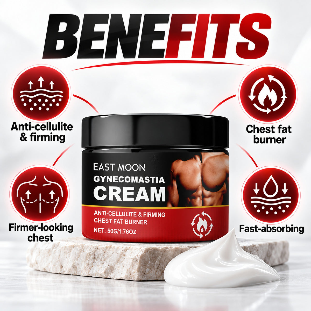 East Moon Gynecomastia Cream benefits: anti-cellulite and firming, chest fat burner, firmer-looking chest, fast-absorbing