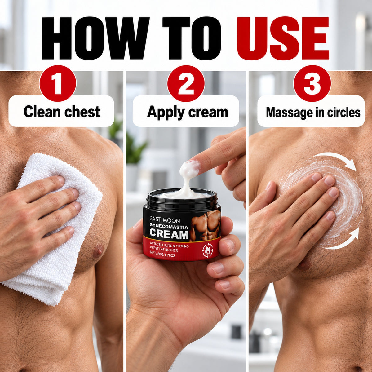 How to use the chest cream: clean the chest, scoop the cream from the jar, massage it into the bare chest in circles