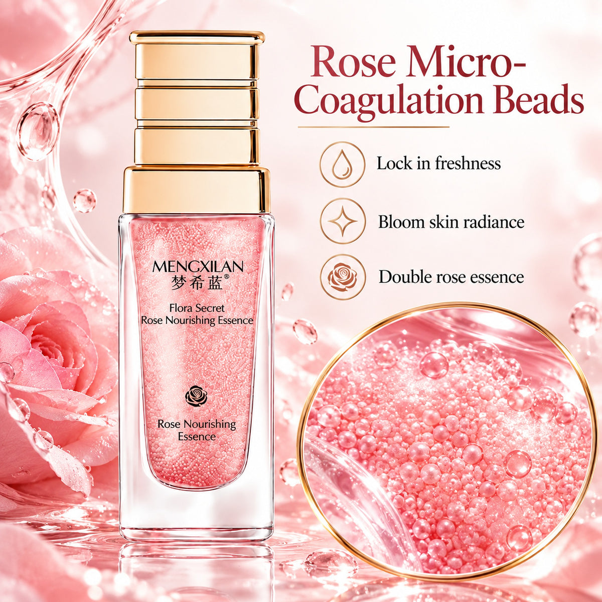 Rose micro-coagulation beads that lock in freshness and bloom skin radiance, double rose essence