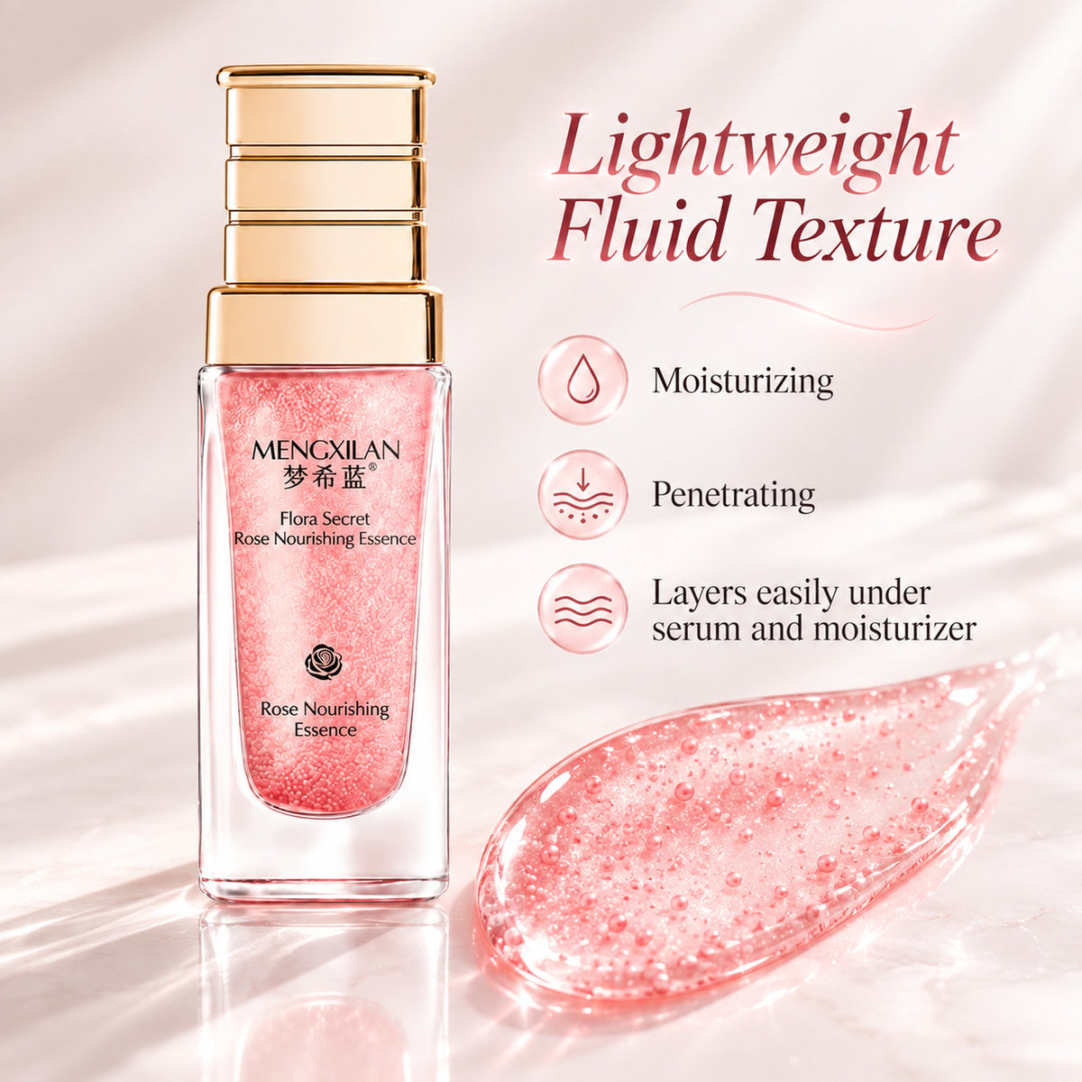 Lightweight fluid pink essence texture swatch - moisturizing, penetrating, layers under serum and moisturizer