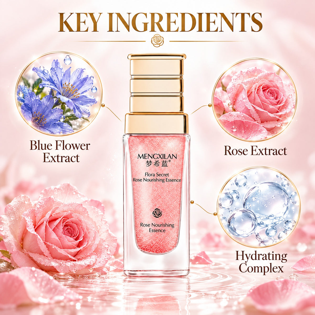Key ingredients: blue flower extract, rose extract and hydrating complex