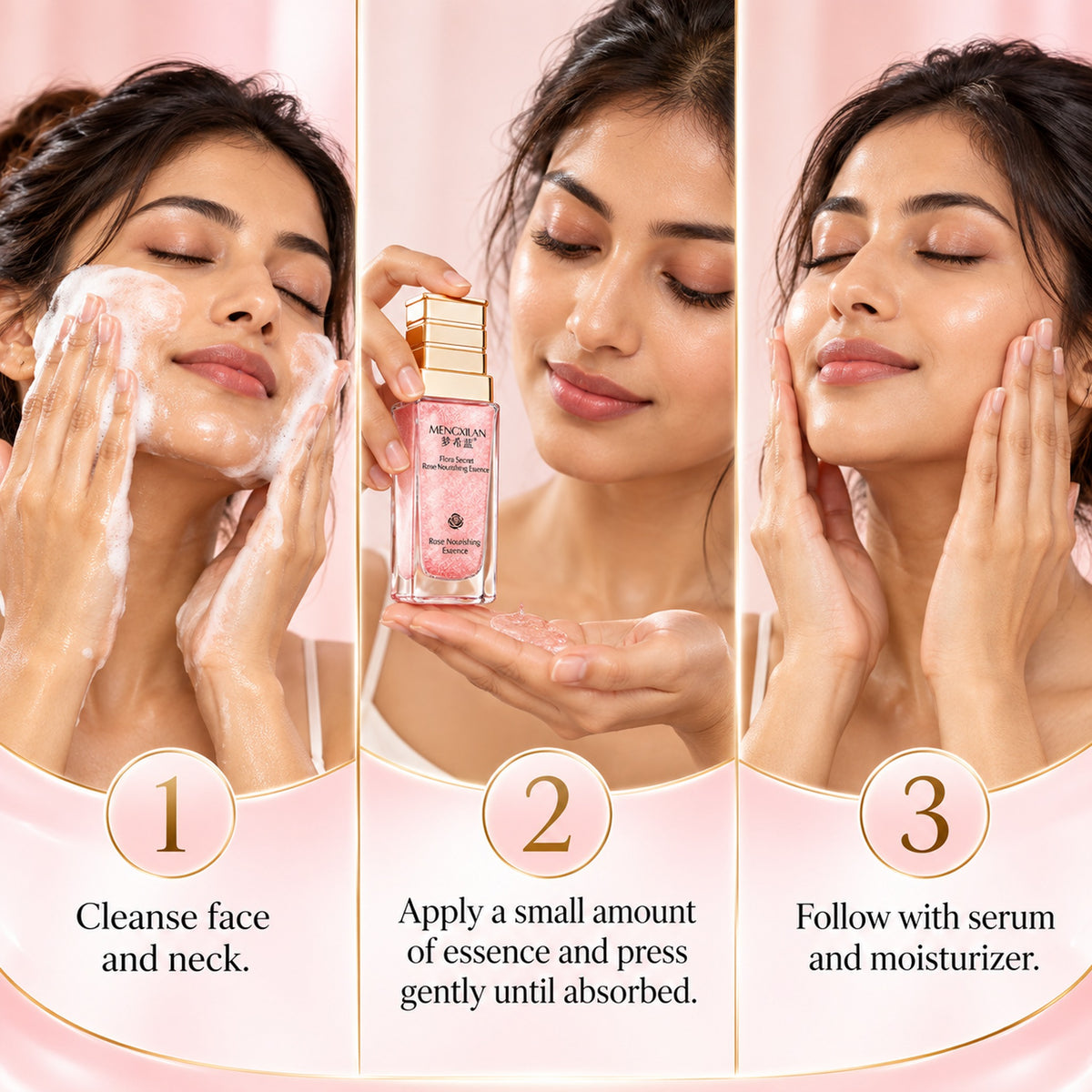 How to use the rose essence in 3 steps: cleanse, press in a small amount, follow with serum and moisturizer