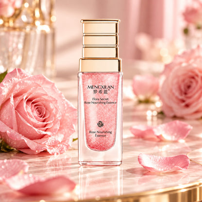 Rose Nourishing Essence bottle on a marble vanity with pink roses and petals