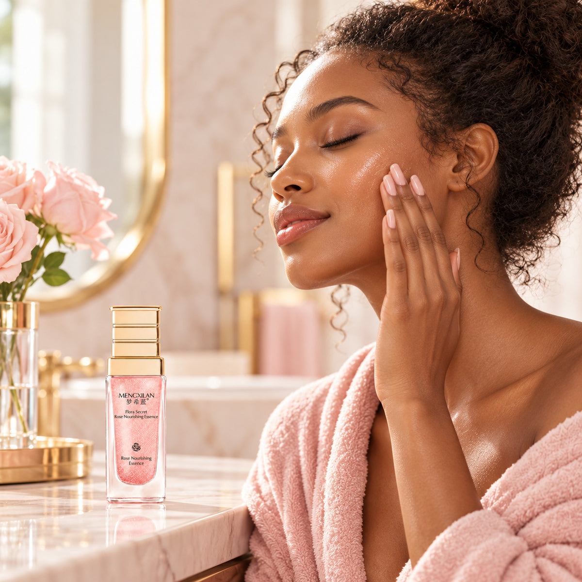 Woman pressing hydrating rose essence into her cheek in a bright bathroom