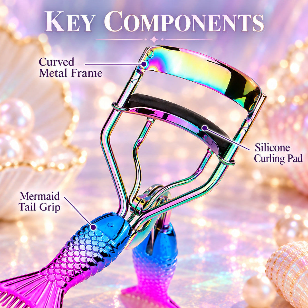 Key components: curved metal frame, silicone curling pad, mermaid tail grip