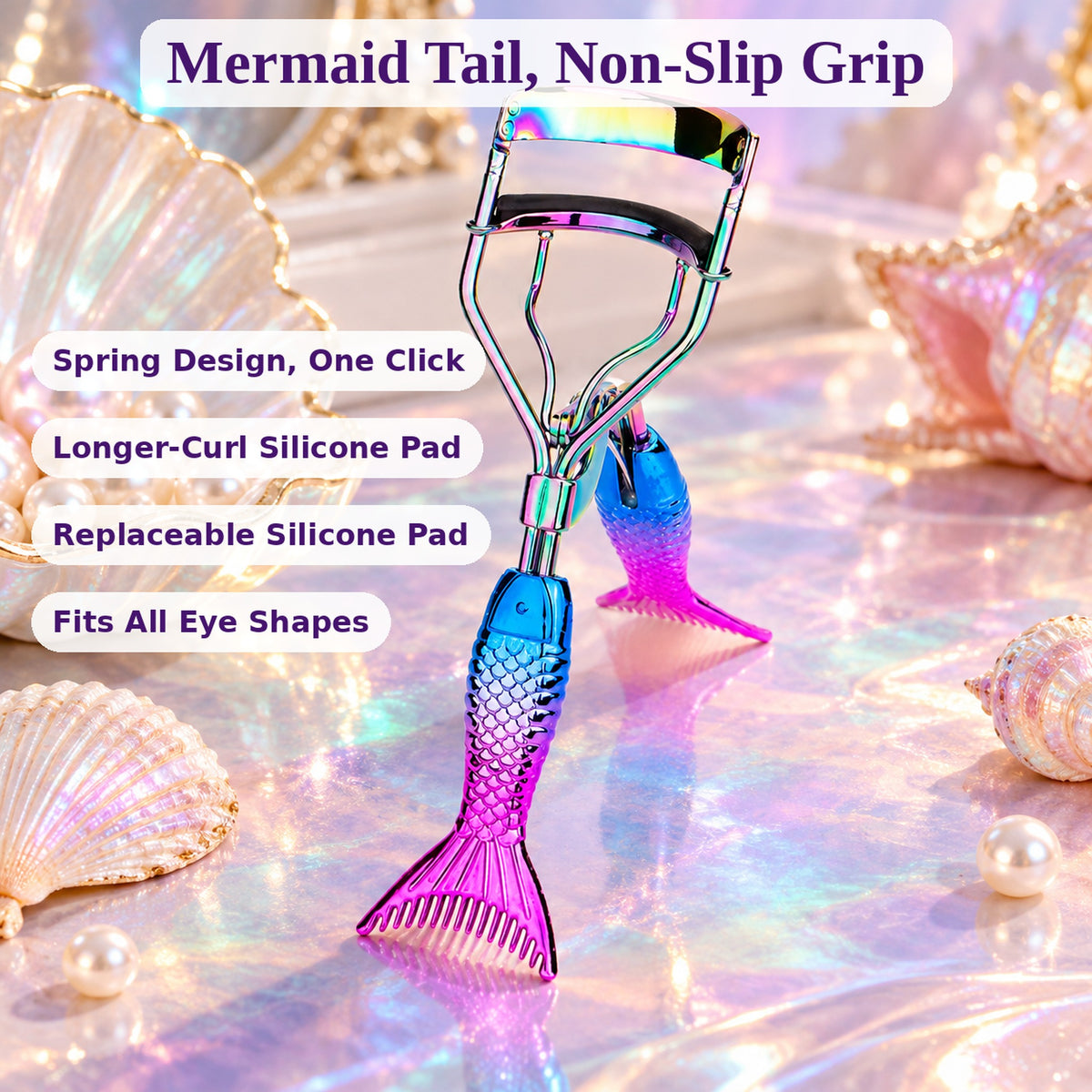 Mermaid tail eyelash curler with non-slip grip, spring design, replaceable silicone pad, fits all eye shapes