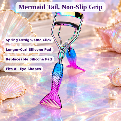 Mermaid tail eyelash curler with non-slip grip, spring design, replaceable silicone pad, fits all eye shapes