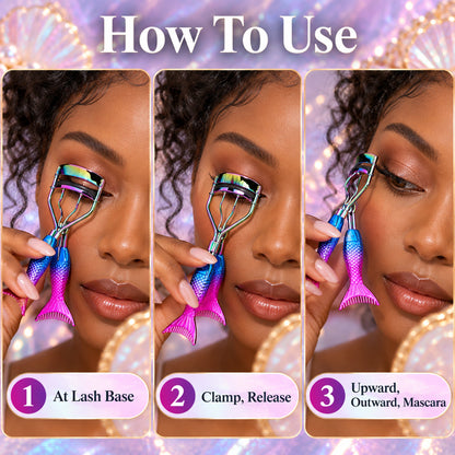 How to use the eyelash curler in 3 steps: position at the lash base, clamp and release, repeat upward then mascara