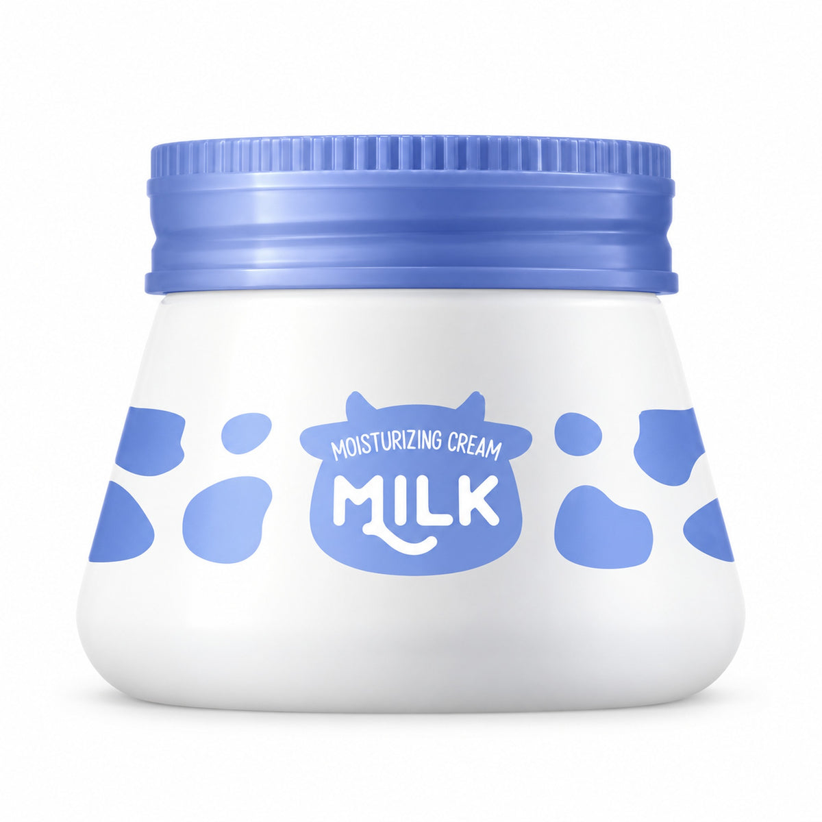 Milk moisturizing cream jar with blue lid and cow-print on a white background