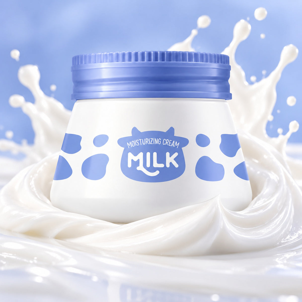 Milk protein face cream jar in a fresh milk splash