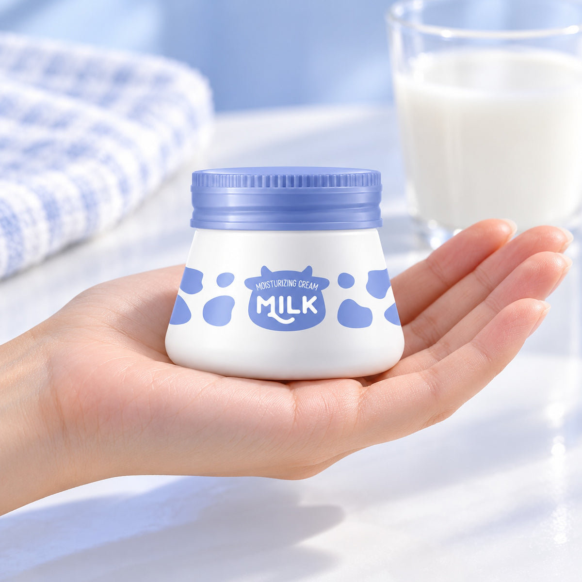 Palm-sized milk cream jar held in an open hand