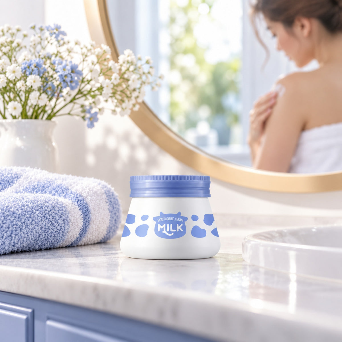 Milk moisturizing cream jar on a bathroom vanity beside a blue towel and flowers