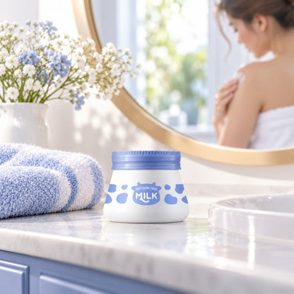 Milk moisturizing cream jar on a bathroom vanity beside a blue towel and flowers