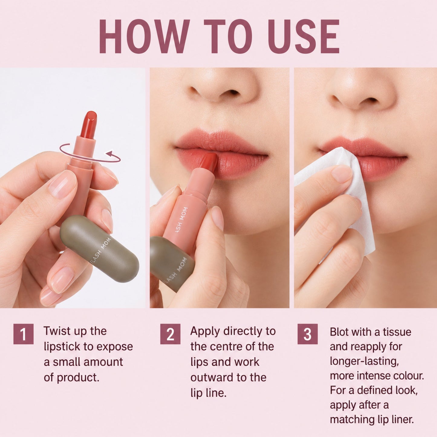 Mini Capsule Lipstick – Moisturizing Color with Long-Lasting Wear — photographic three-step how-to