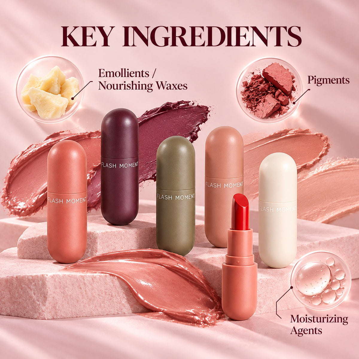Key ingredients of the Flash Moment capsule lipstick: emollients and nourishing waxes, pigments, moisturizing agents