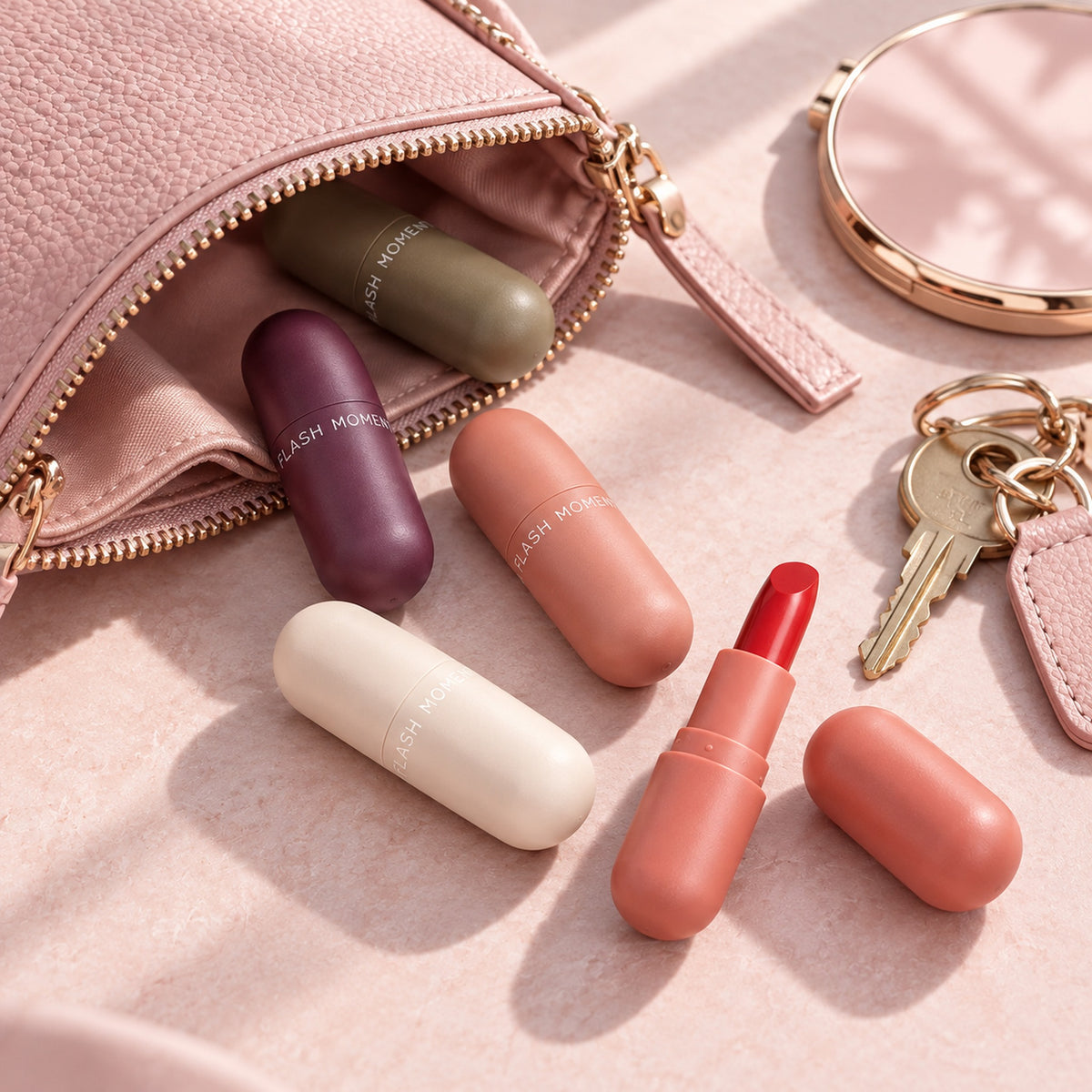 Mini capsule lipsticks spilling from a pink pouch beside keys and a compact mirror – made for on-the-go touch-ups
