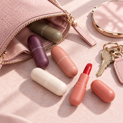 Mini capsule lipsticks spilling from a pink pouch beside keys and a compact mirror – made for on-the-go touch-ups