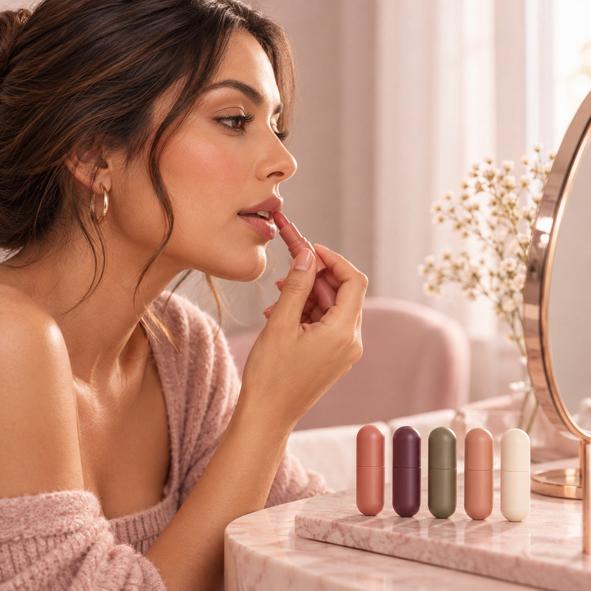 Woman applying a nude-pink Flash Moment capsule lipstick at her vanity mirror