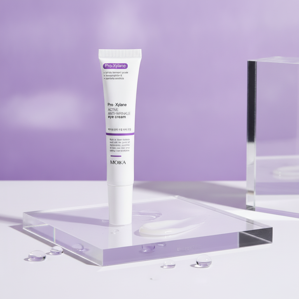 Hydrating Anti-Wrinkle Eye Cream — premium studio angle on acrylic podium with water droplets