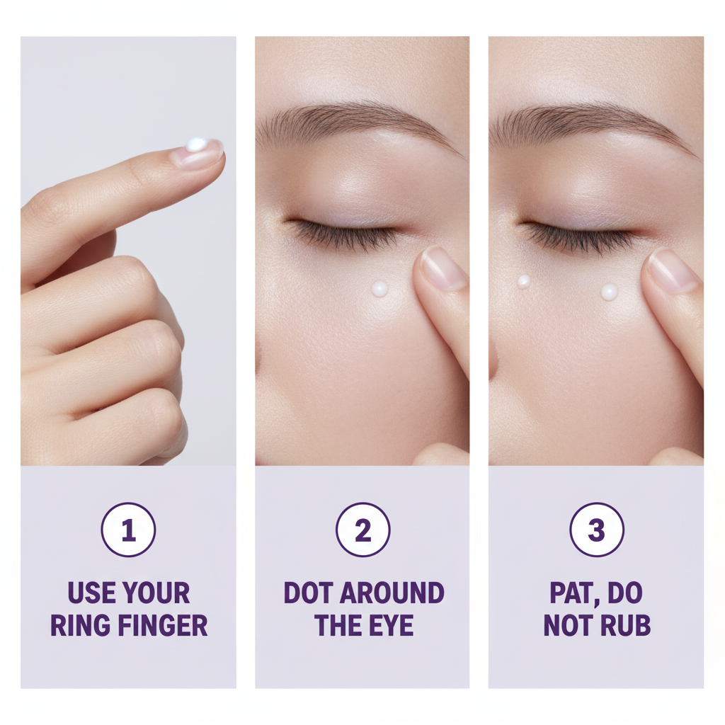 Hydrating Anti-Wrinkle Eye Cream — how to use in three steps: use your ring finger, dot around the eye, pat do not rub