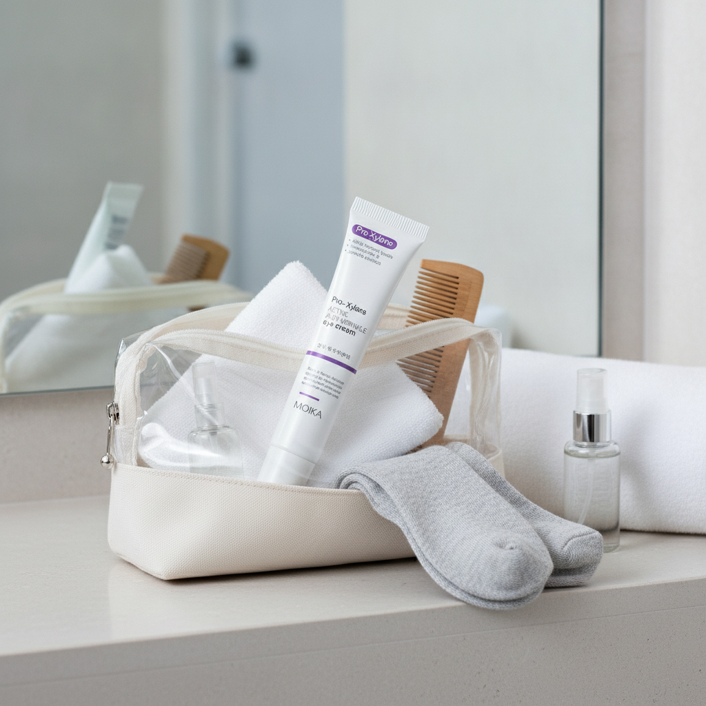 Hydrating Anti-Wrinkle Eye Cream — lifestyle photo of the tube packed in a travel pouch