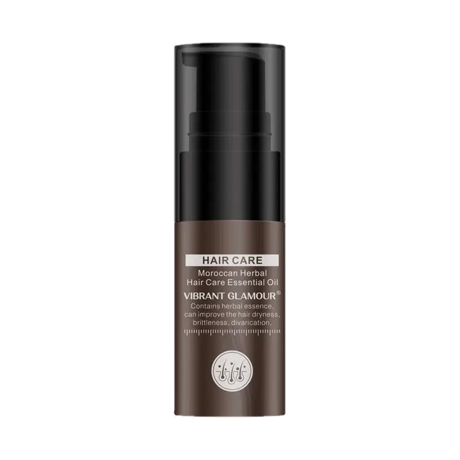 Moroccan Herbal Hair Care Essential Oil by Vibrant Glamour, 20ml pump bottle — product only, centered on a pure white background