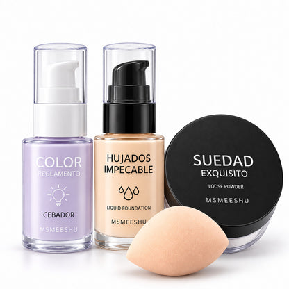 MSMEESHU 4-piece base makeup set – purple colour-correcting primer, Hujados Impecable liquid foundation, Suedad Exquisito loose powder and beauty sponge