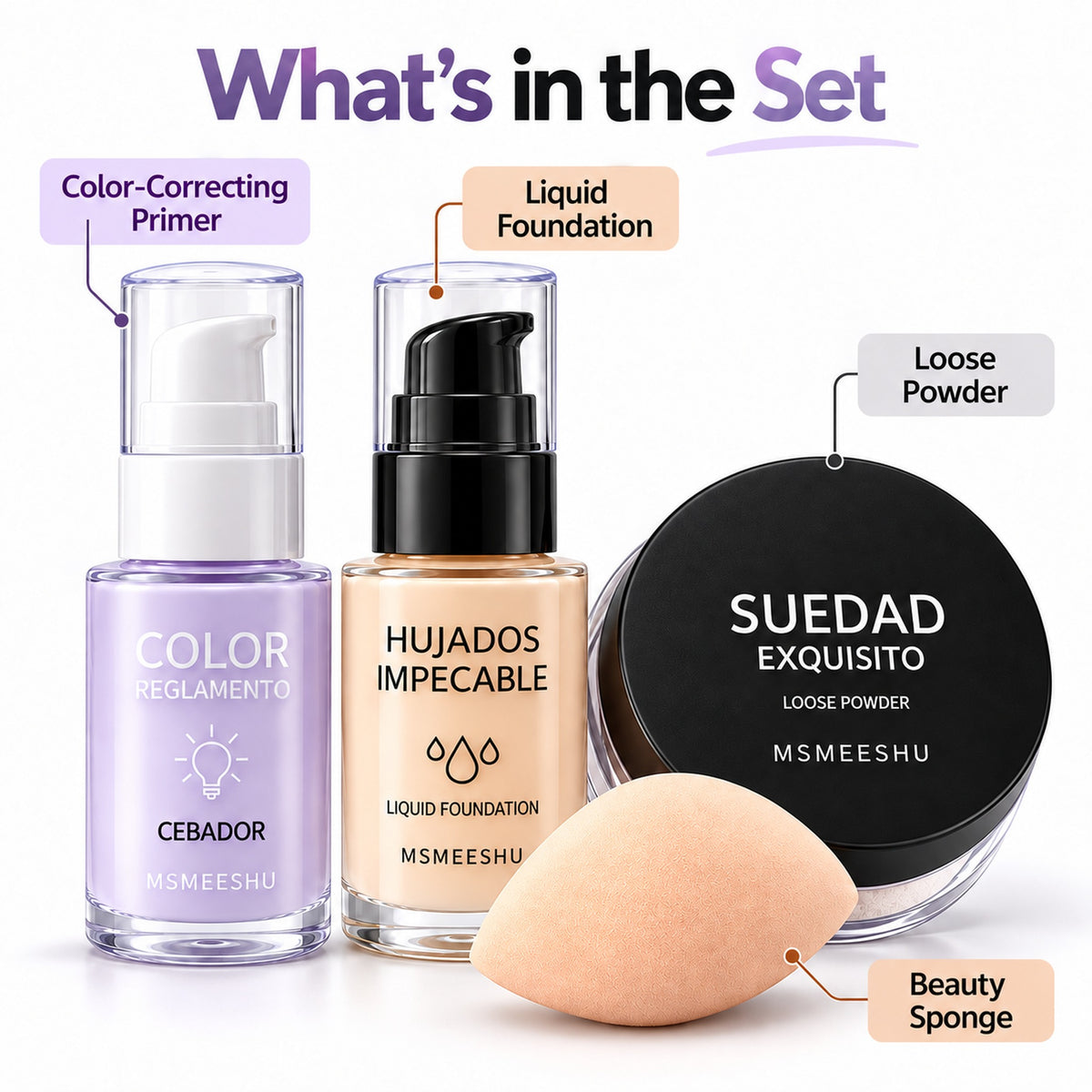 What's in the MSMEESHU makeup set: colour-correcting primer, liquid foundation, loose powder and beauty sponge