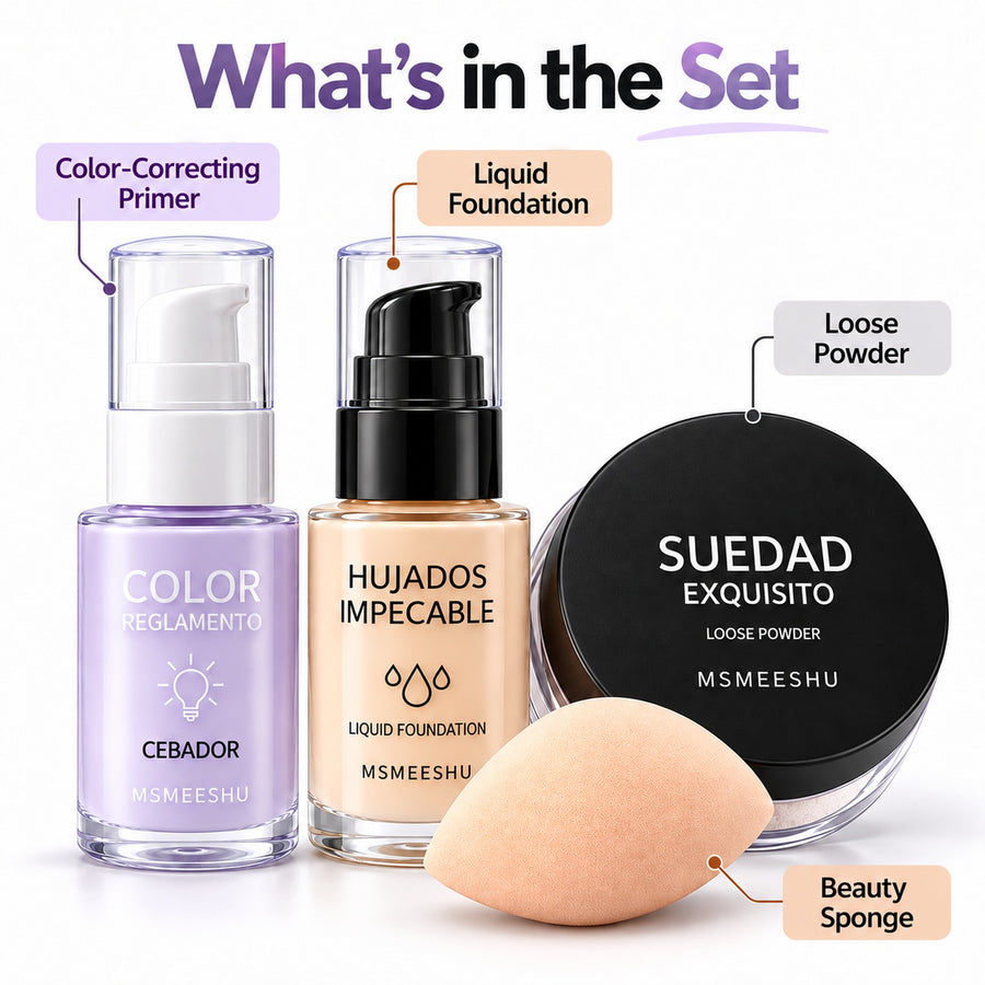What's in the MSMEESHU makeup set: colour-correcting primer, liquid foundation, loose powder and beauty sponge
