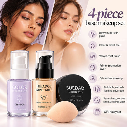 4-piece base makeup set benefits: dewy nude-skin glow, velvet-mist finish, oil control, buildable natural-looking coverage