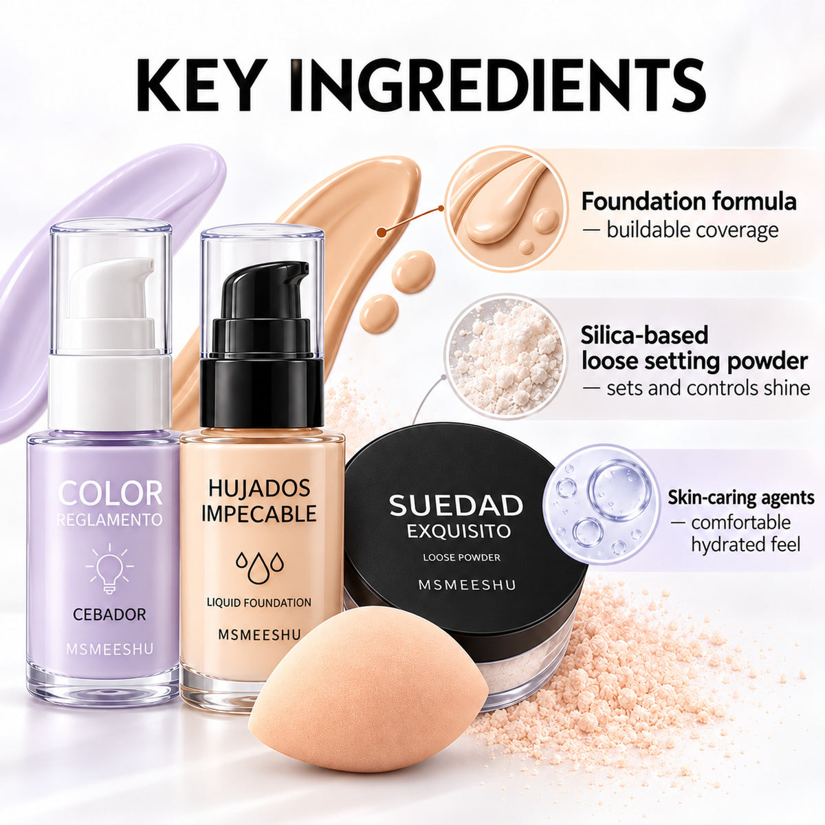 Key ingredients: buildable foundation formula, silica-based loose setting powder and skin-caring agents