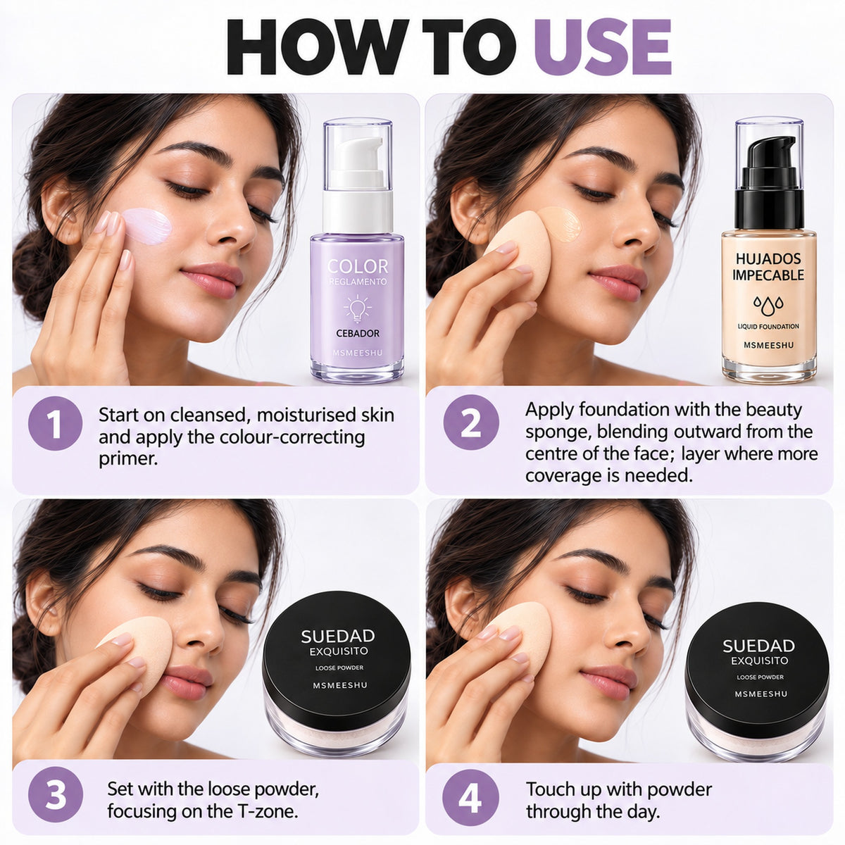 How to use the makeup set in 4 steps: primer, foundation with beauty sponge, loose powder on the T-zone, touch-ups