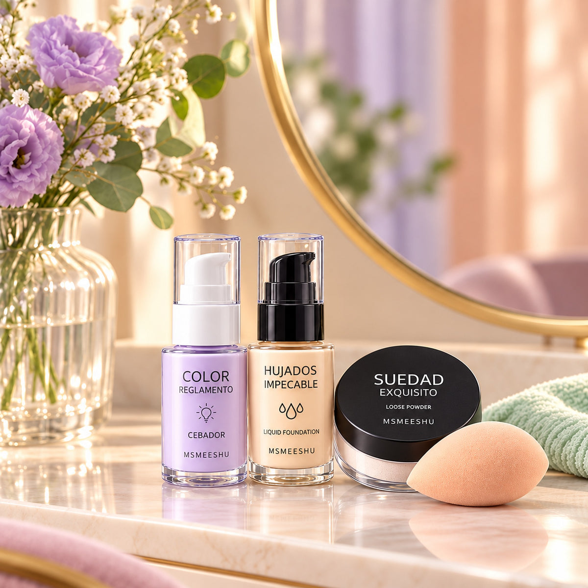MSMEESHU primer, foundation, loose powder and sponge on a vanity with lavender flowers