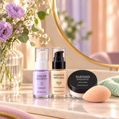 MSMEESHU primer, foundation, loose powder and sponge on a vanity with lavender flowers