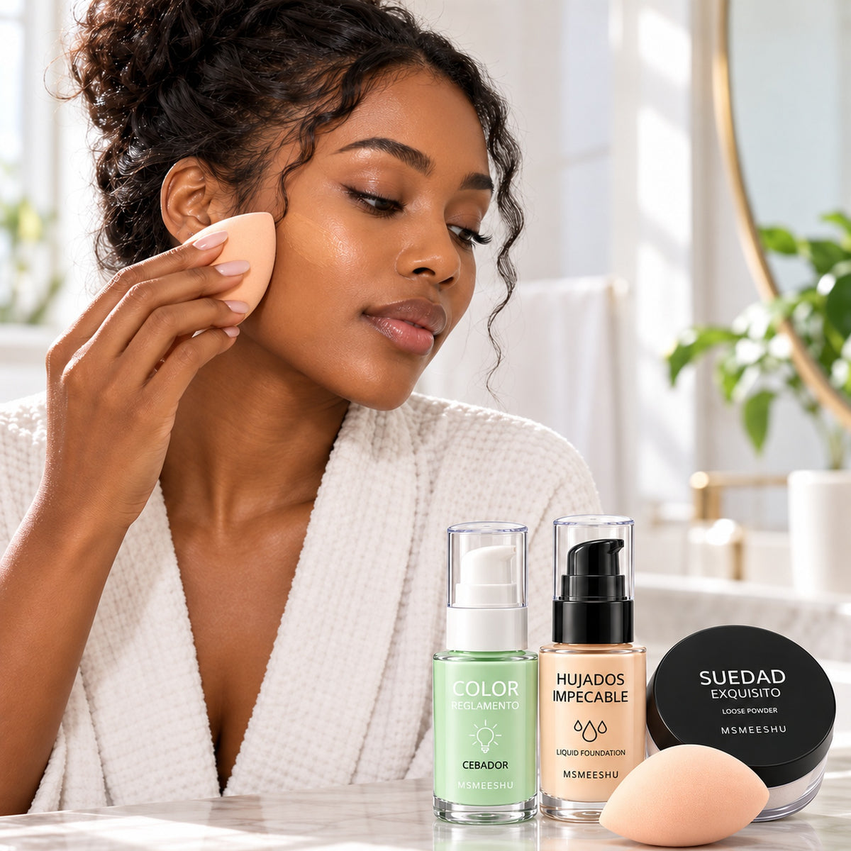 Woman blending foundation with the beauty sponge beside the Green Set primer, foundation and loose powder