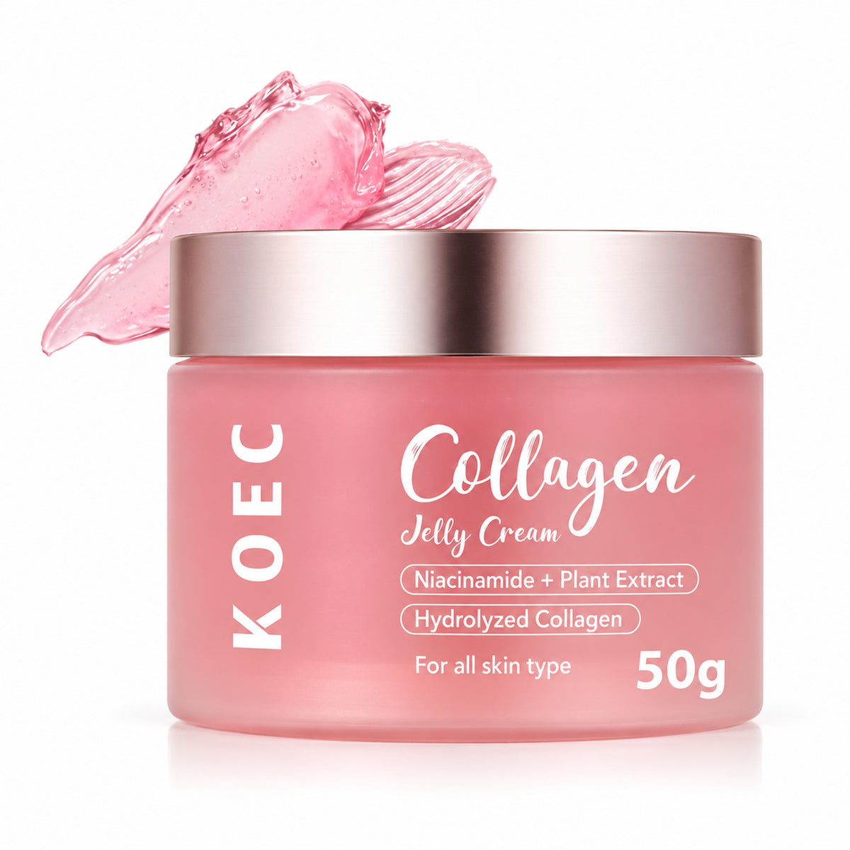 KOEC Collagen Jelly Cream 50g pink jar with rose-gold lid on a white background