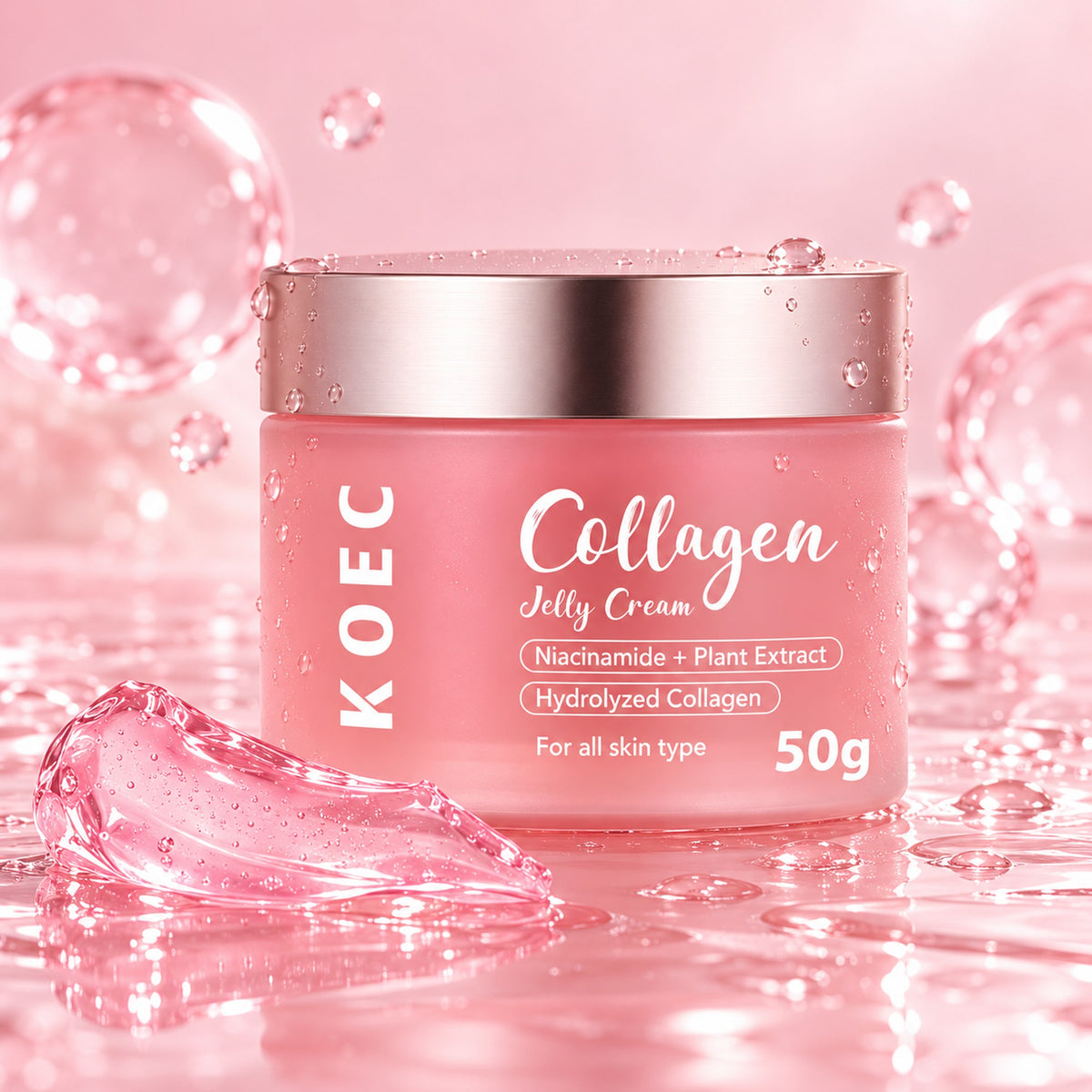 Niacinamide collagen jelly cream jar among pink water bubbles and jelly swatch