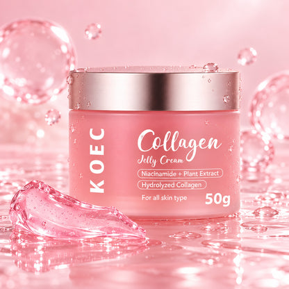 Niacinamide collagen jelly cream jar among pink water bubbles and jelly swatch