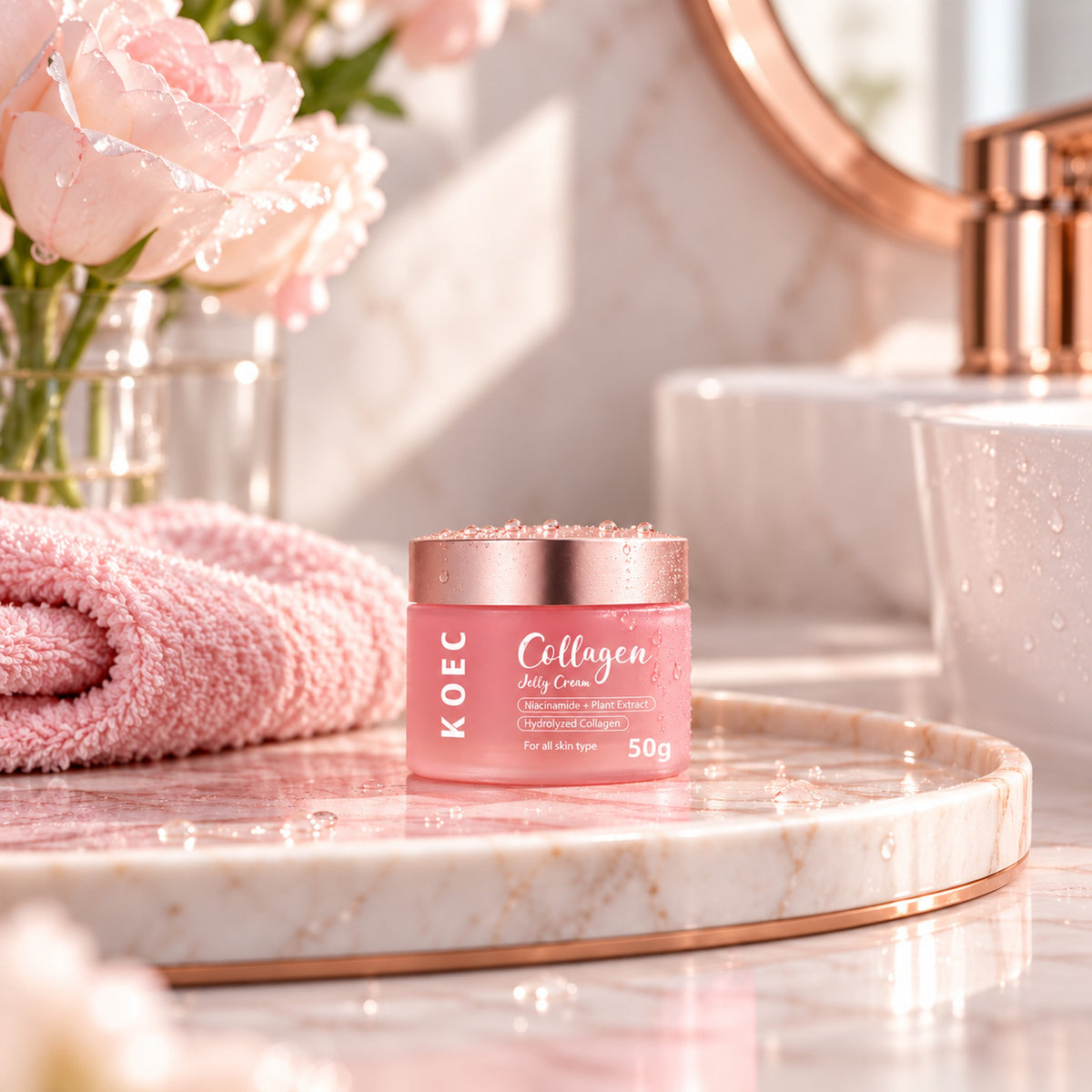 KOEC jelly cream jar on a marble bathroom tray beside a rolled pink towel