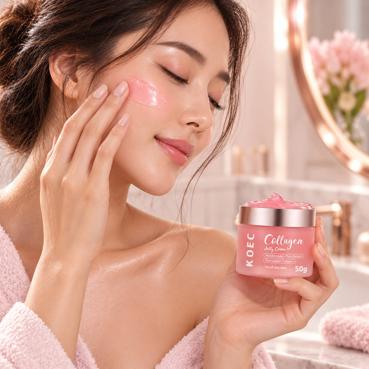 Woman applying the pink jelly cream to her cheek, eyes closed