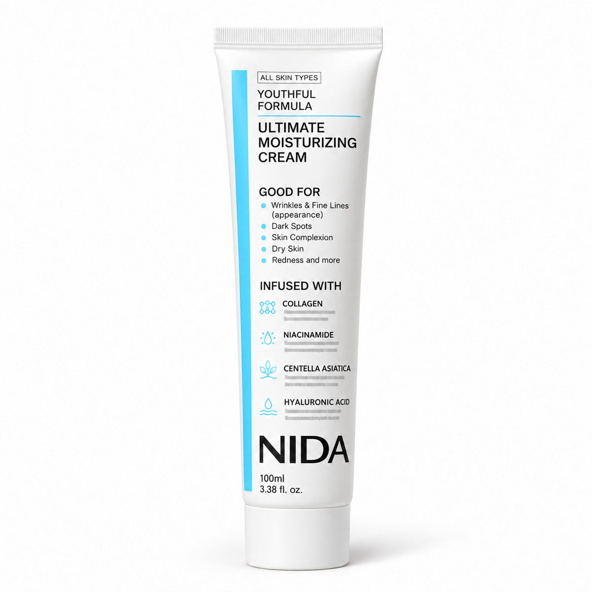 NIDA Ultimate Moisturizing Cream 100 ml tube with niacinamide, hyaluronic acid, collagen and centella asiatica, on white