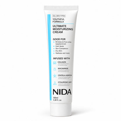 NIDA Ultimate Moisturizing Cream 100 ml tube with niacinamide, hyaluronic acid, collagen and centella asiatica, on white
