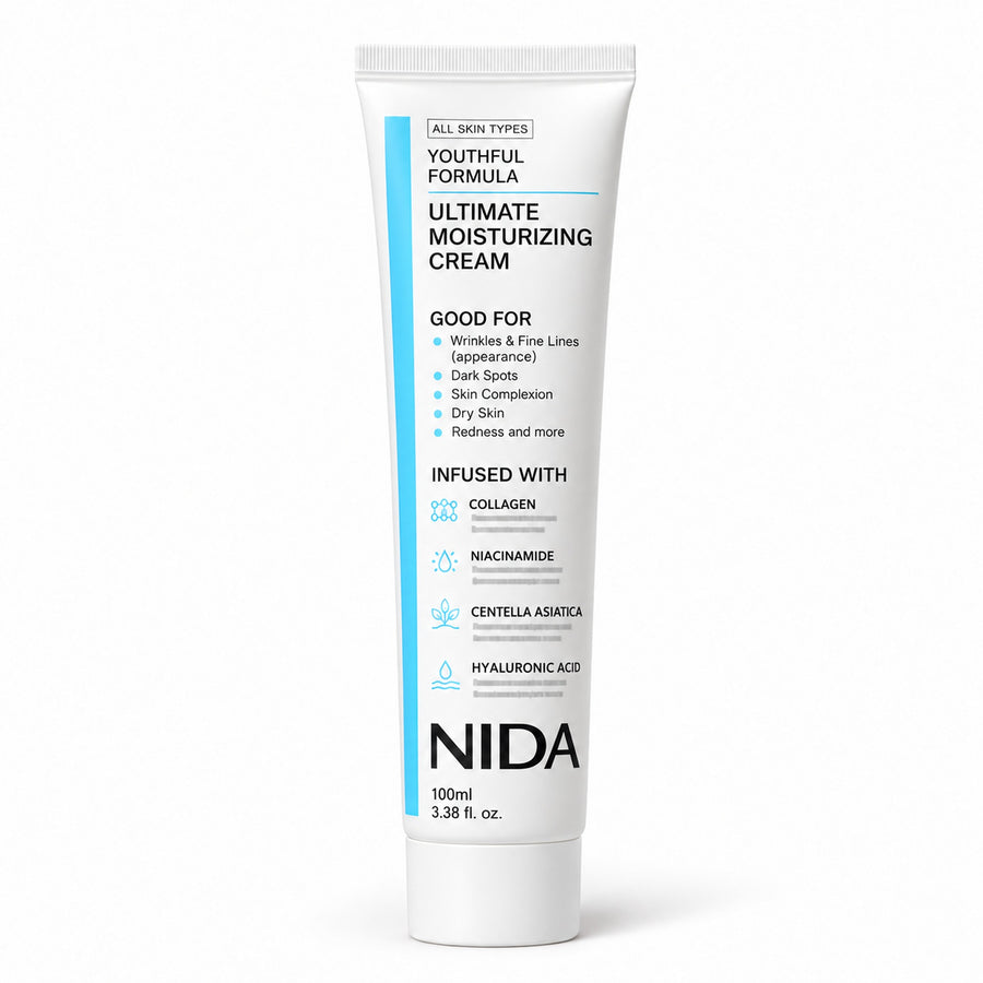 NIDA Ultimate Moisturizing Cream 100 ml tube with niacinamide, hyaluronic acid, collagen and centella asiatica, on white