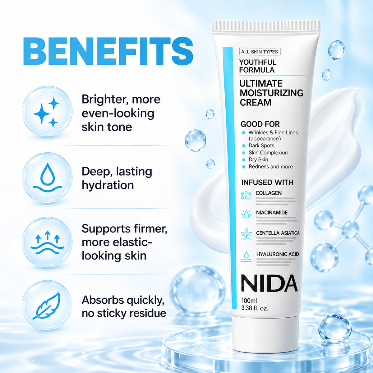 Benefits: brighter, more even-looking skin tone, deep lasting hydration, firmer more elastic-looking skin, absorbs quickly with no sticky residue