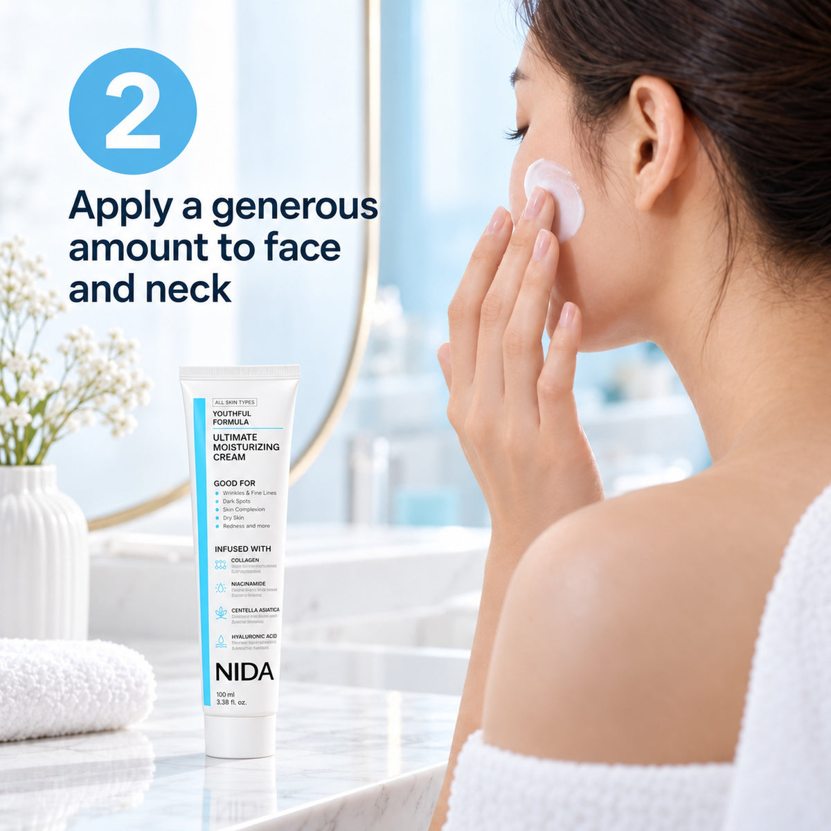 How to use, step 2: apply a generous amount of the moisturizing cream to face and neck