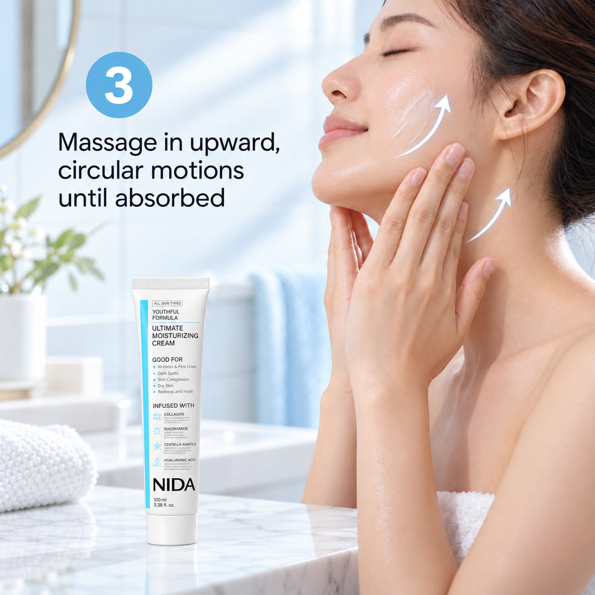 How to use, step 3: massage in upward, circular motions until absorbed